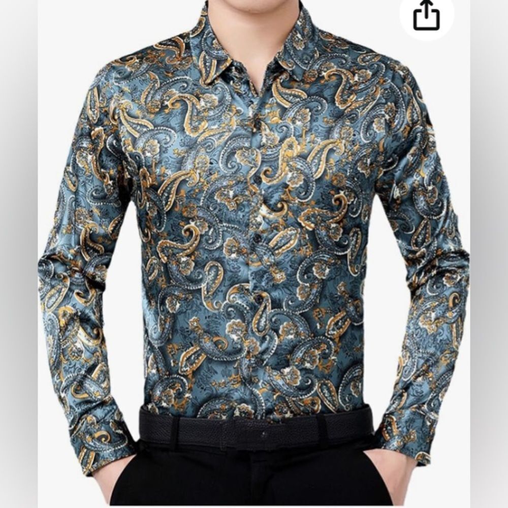 EUC ZEROYAA Luxury Paisley/green Long Sleeve Shirt Button Down, Slim Medium